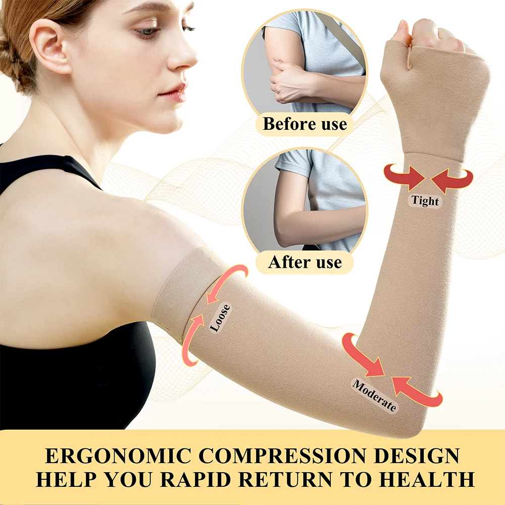 ปลอกแขนรัดแขนสำหรับโรคบวมน้ำเหลือง 1 ชิ้น แบบกันลื่น ปลอกแขนยาวแบบสวมได้ทั้งชายและหญิง รองรับแขนเต็มรูปแบบ แรงกด 20-30mmHg สีดำ/สีเบจ