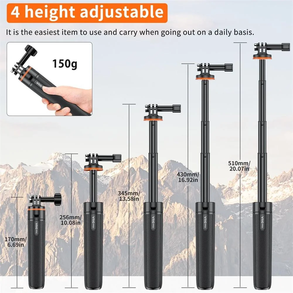 VRIG 20.1" Extendable Mini Tripod,Portable Selfie Stick Tripod for DJI OSMO Action 5Pro/4/3,GoPro Max Hero 13 12 11 10 9 8 7 6 5 4 3 3+ 2 1 Session,Insta360 X5/X4 Action Camera view 3