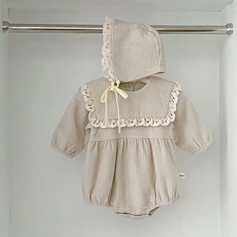 2024 New Spring Children Clothes Toddler Baby Girls Romper+Hat Long Sleeved Corduroy Lace Splicing Korean Style Climbing Suit