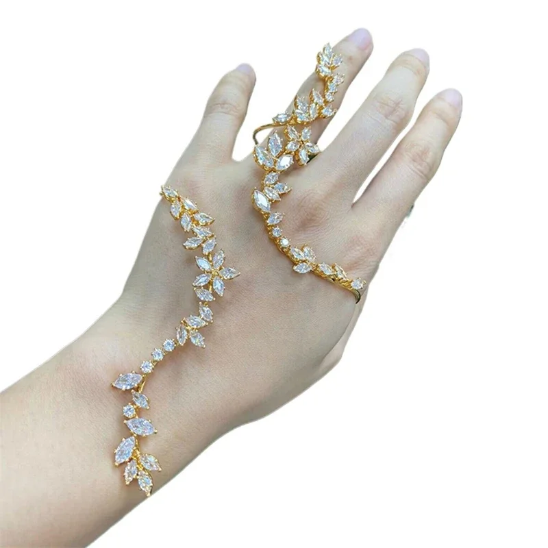 5A+ Cubic Zircnonia Crystal Hand Finger Palm Open Bracelet for women Adjustable Bangle Five Pearl Flower One Piece Wholesale