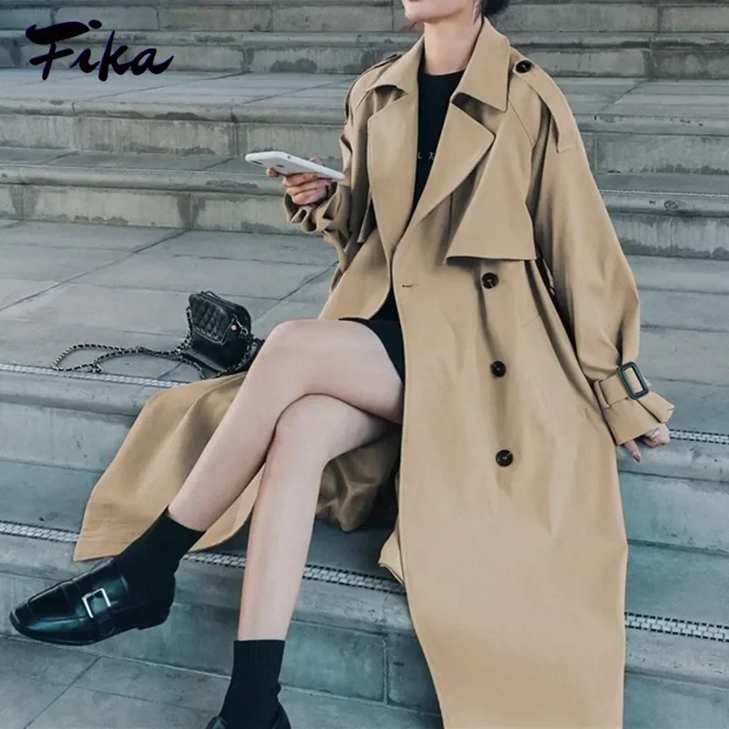 Loose Retros Double Breasted Black Khaki Windbreaker Women 2022 Autumn Fashion Design Vintage Tunic Sashes Casual Long Coat
