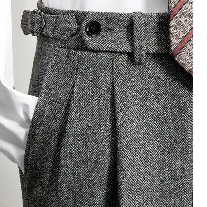 

2025 Men's Autumn Winter Fashion High Waist Wool Trousers Male Tweed Casual Pockets Pants Men Long Straight Suit Pants
