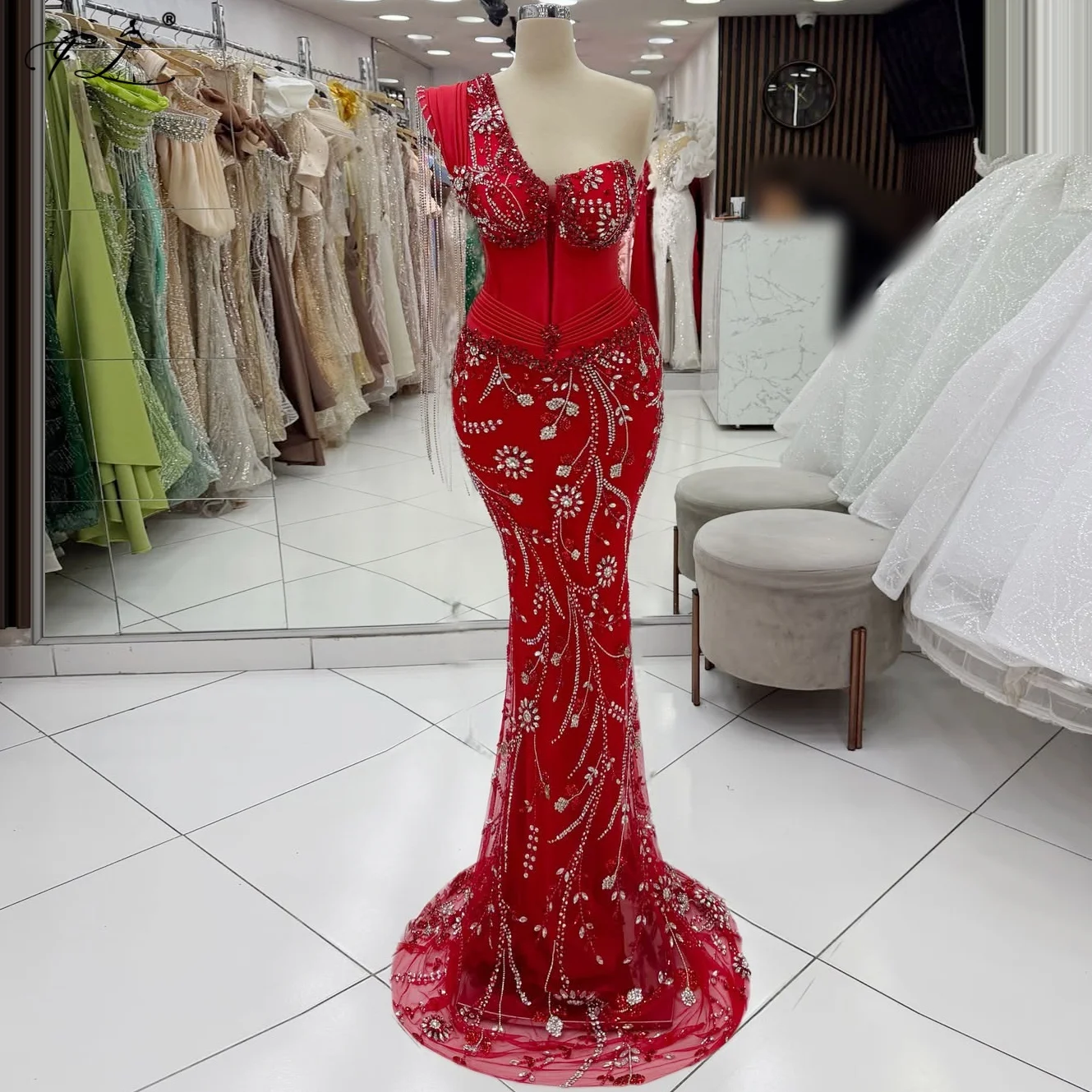 2026 One Shoulder Tassel Evening Gown Red Crystal Embroidered Mermaid Party Gown Customizable Haute Couture Dress Cocktail Dress