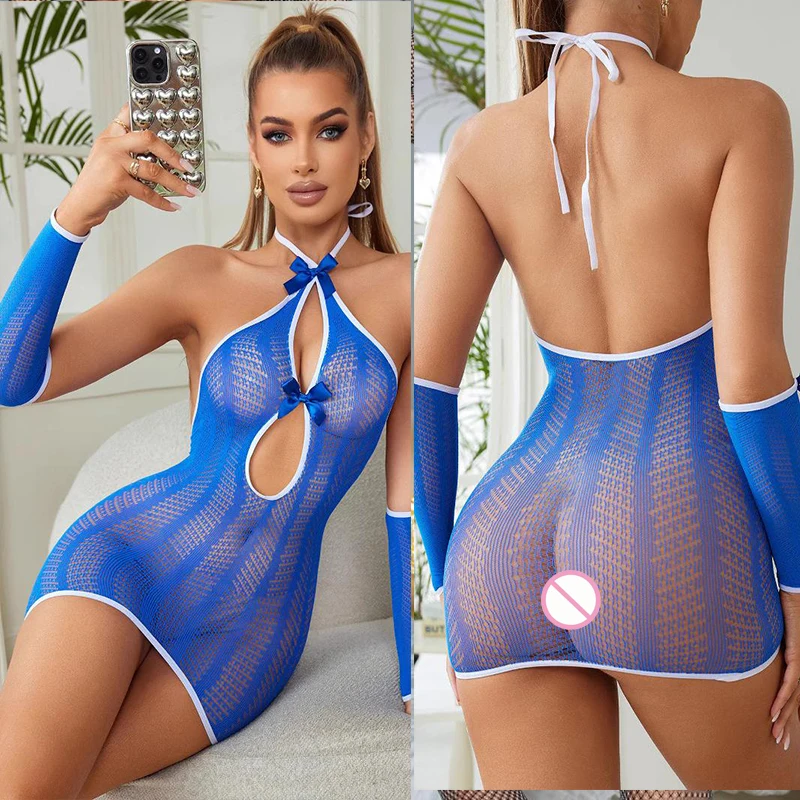 

Lingerie dress Sexy hollowed out erotic lingerie hanging neck bow gloves jumpsuit mesh jacket sexy costumes woman sexy clothes