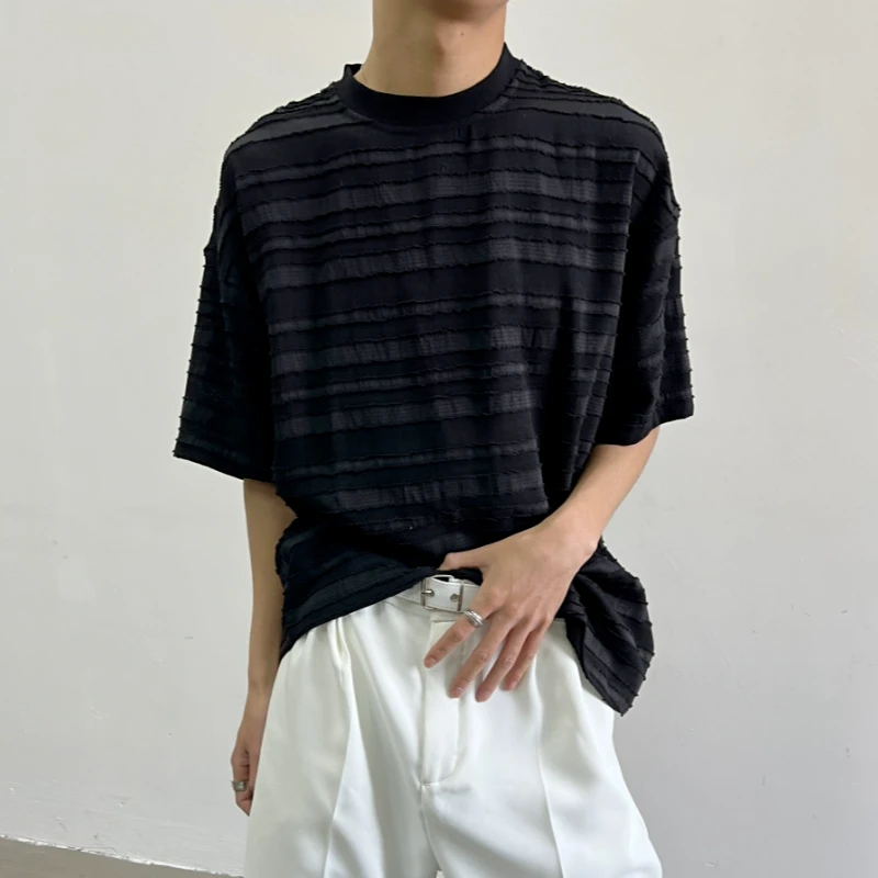 New Fashion Men's Textured Stripe Tee Short Sleeve Summer Wear Casual Comfortable Airy Relaxed Fit with Mesh Details