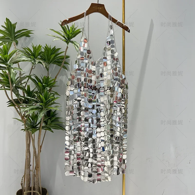 Fashion Neck Dress Chain Halter Stage Clothes Heavy Industry Pure Handmade Sequins Summer Dress Women Clothing 2025 New