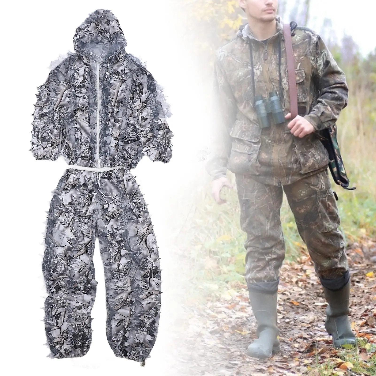 ZK30 Snow Wild Camouflage Ghillie Suit 3D Leaf Jackets and Pants Set Clothes for Hunting