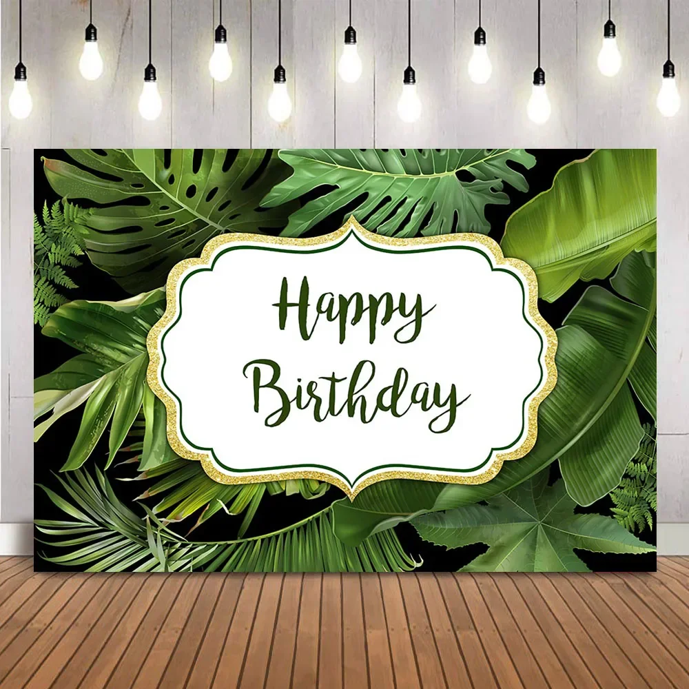 Happy Birthday Jungle Safari Theme Party Background Green Leaves Newborn Children Birthday Party Decoration Supplies Photocall