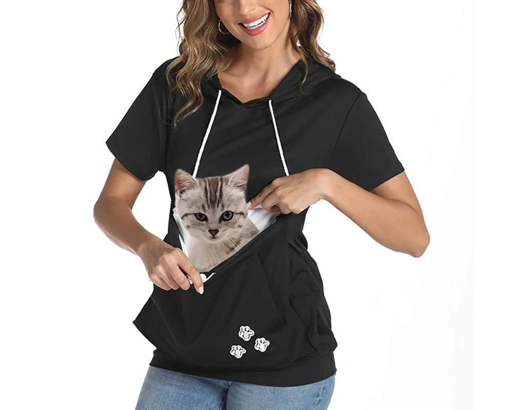 Women Short Sleeve T-Shirts Pullover Hoodies Large Pocket For Cat Dog Kangaroo Sweatshirt Animal Pet Carrying Out Tops Blouse