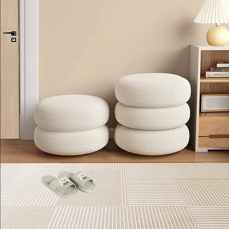 Taburete redondo lana cordero color crema, reposapis pequeo para el hogar, sala estar, entrada, cambio zapatos, pu