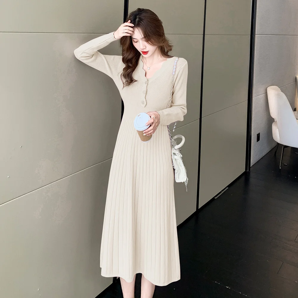 

2023 Autumn Winter Women Sweater Dresses High Waist Long Sleeve V-neck Maxi Knitted Vestidos