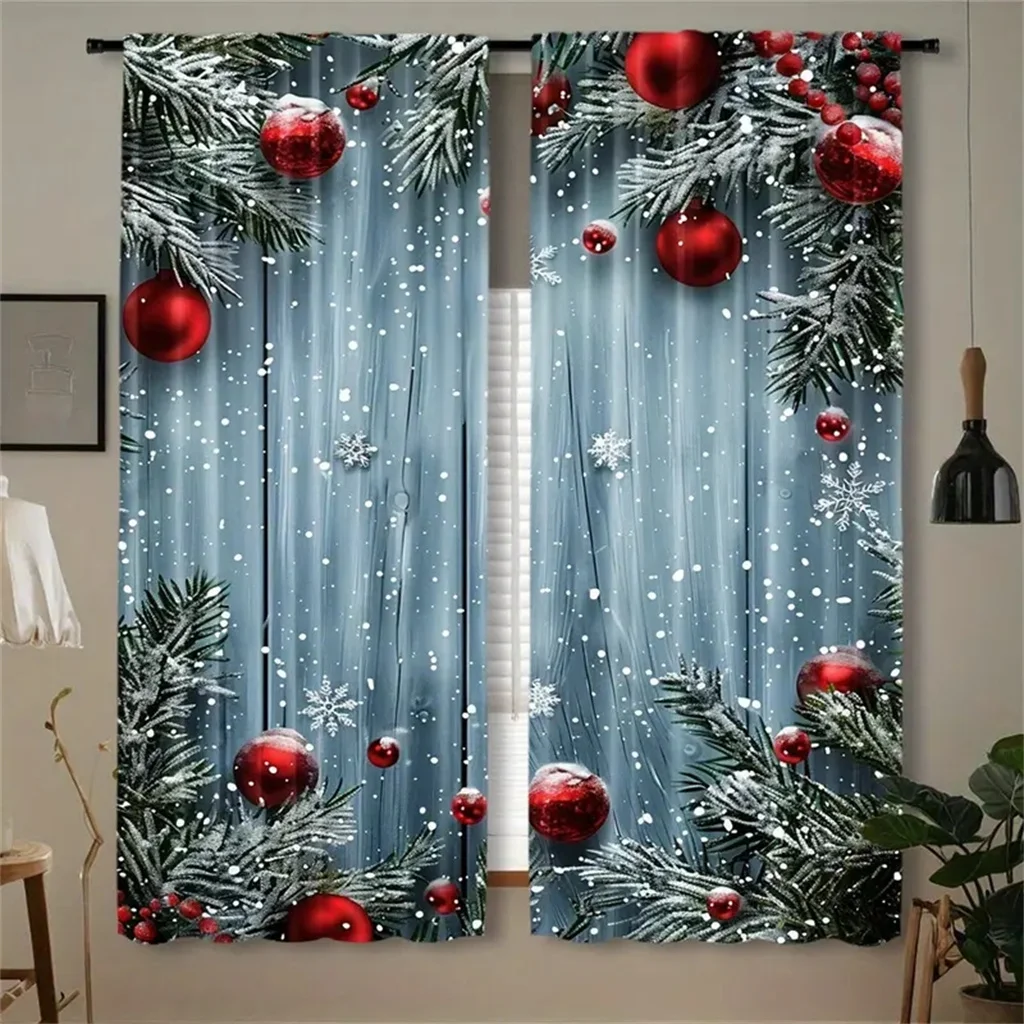 2pcs Set Gold Small Bell Christmas Curtains-Digital Print,Rod Pocket Design,Polyester - Perfect For Living Room,Kitchen,Bedroom