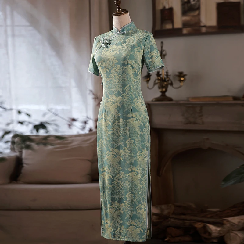 Gaun Qipao Panjang untuk Gadis Muda, Gaya Vintage, Motif Bunga, Belahan Rendah, Pakaian Sehari-hari, Serat Poliester, Musim Semi