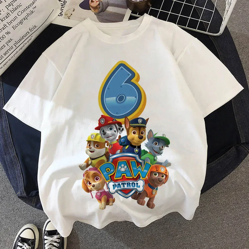Paw Patrol Birthday Number Tee Shirt Baby Summer Cotton T Shirt Boy Girl Chase Skye Printed Kid Clothes Cartoon Letter Tops Gift