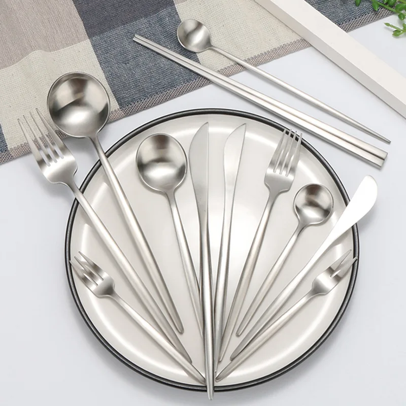 

Island Qi 304 stainless steel steak knife, fork and spoon Portuguese style silver brushed dessert spoon Main meal fork and spoon