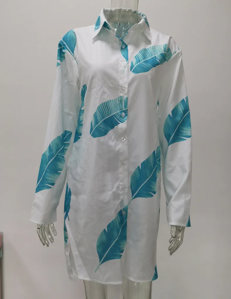 Women Shirt Dress Spring Summer Casual Long Sleeve Printed V Neck Beach Shirt Dresses