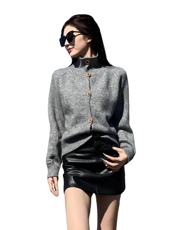 Ladies' Orange High Collar Knitted Sweater Coat Loose Fitting Comfortable Korean Style Spring Autumn New Arrival