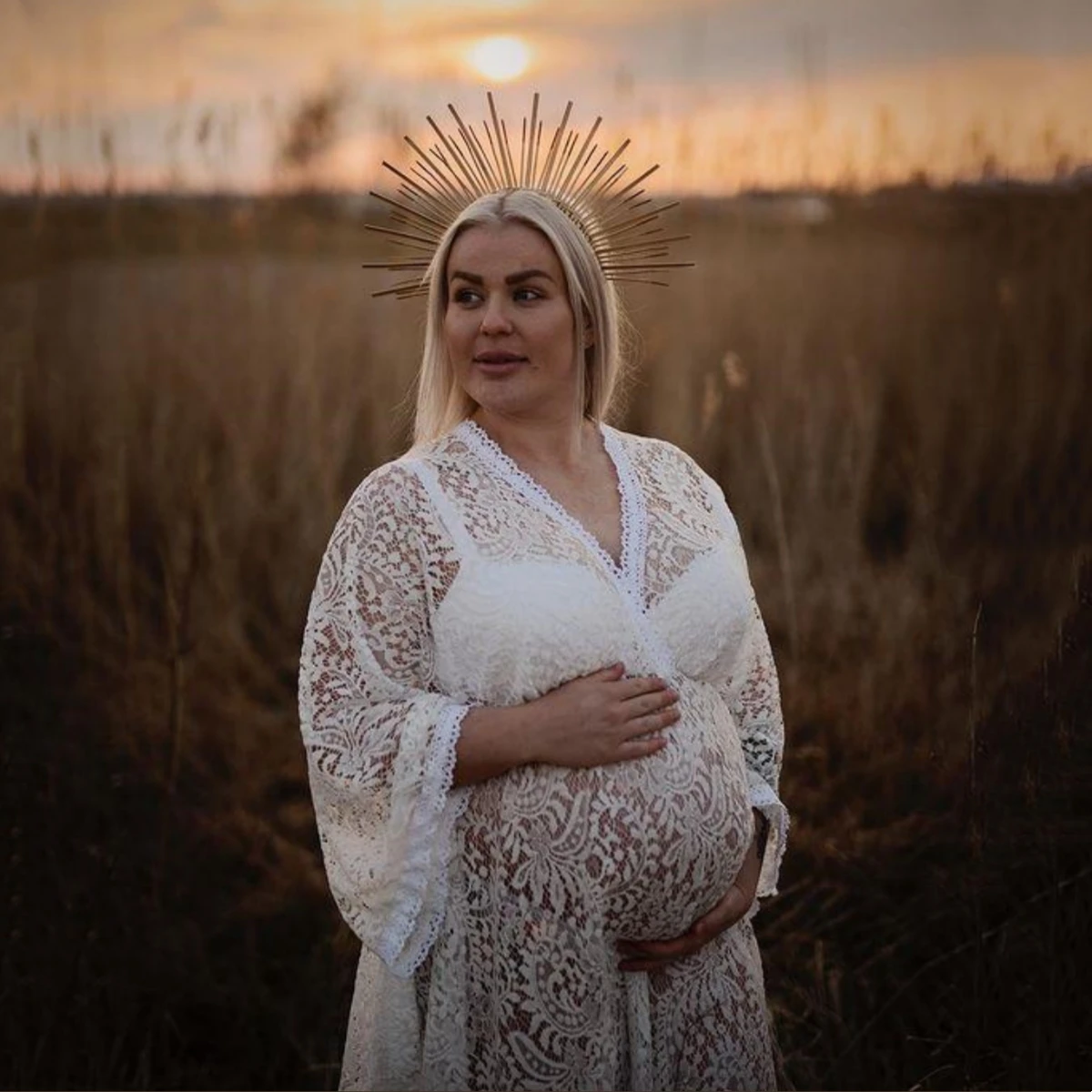 White Lace Boho Maternity Long Dress For Photo Shoot V-neck See Through Lace Pregnant Woman Bohemian Photogrpahy Dress