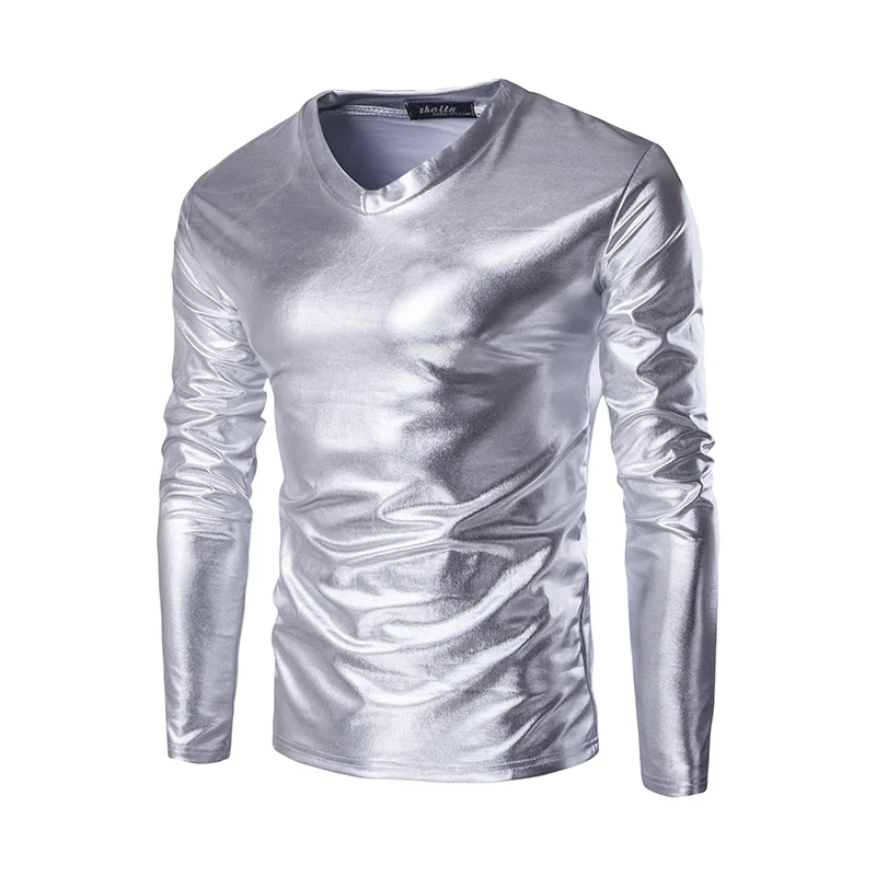 Leather Long Sleeve Top Performance Nightclub Clothing Men\'s Large Round Neck T-shirt Men\'s Spring Wear