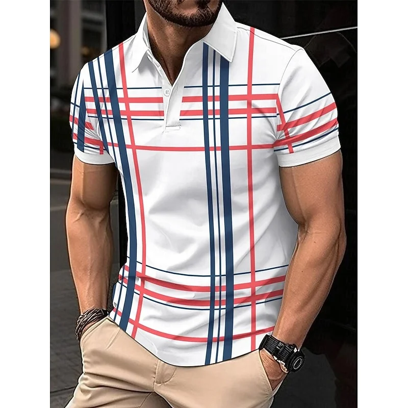Business Men's Polo Shirt Casual Summer Short Sleeve Top Lines Pattern Printed Buttons Fashionable Golf Shirt