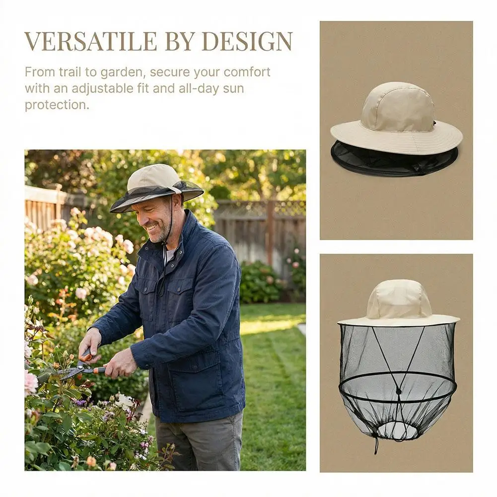 Outdoor Anti-Mosquito Fishing Hat Men Women Sun Protection Wide Brim Bucket Hat with Hidden Head Net Mesh for Gardening Hiking