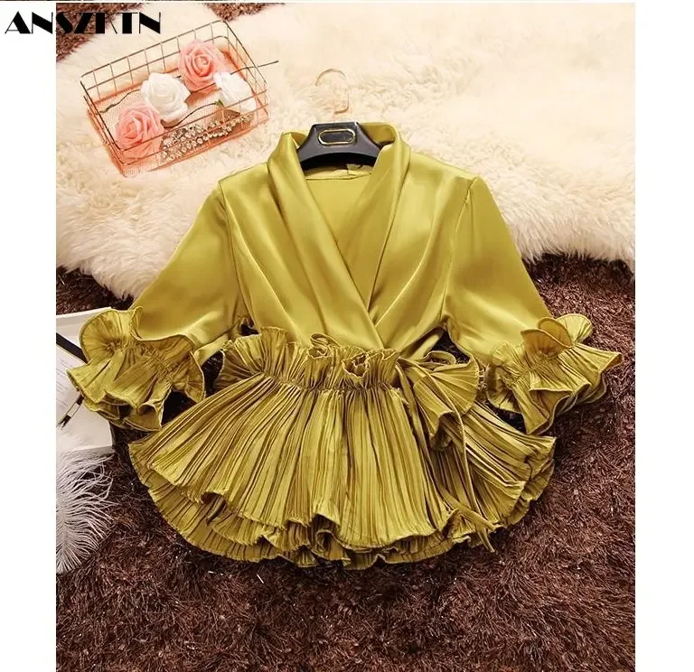 ANSZKTN Spring Fall V Neck Pleated Flounces Lace Chiffon Top Blouse Shirts For Women