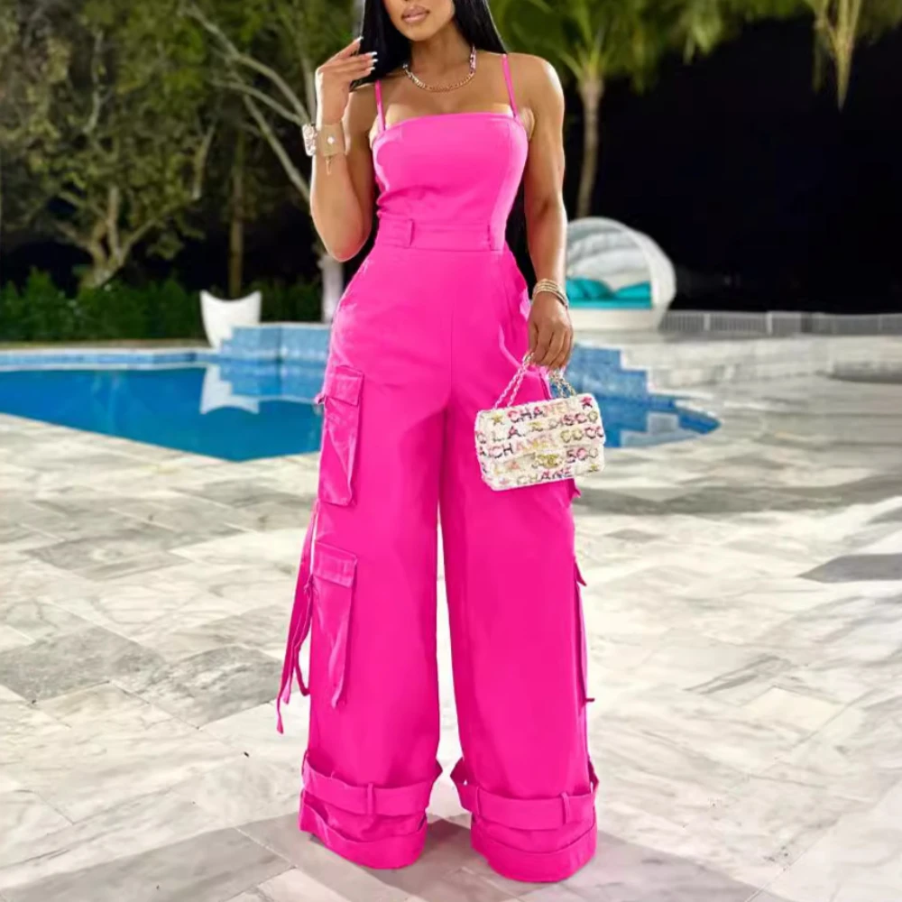 

2024 Spaghetti Strap Sleeveless Sexy Jumpsuit Pockets Streetwear Long Jumpsuits for Women Overalls Fashion Summer Lady Rompers