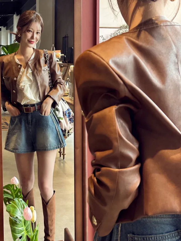 Rétro coréen Sle ample femmes motard Jaet rond Ne vêtements d'extérieur en cuir PU manteau BF vent v-ne Long Sve automne manteau