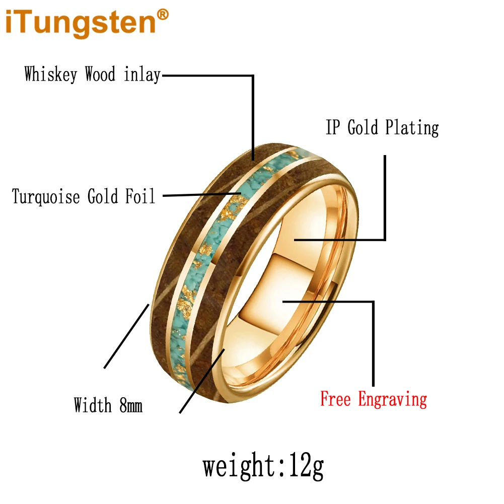 iTungsten 8mm - Unisex Tungsten Carbide ring Men’s Women’s Wedding Bands With Whiskey Wood And Turquoise Gold Foil Inlay view 2