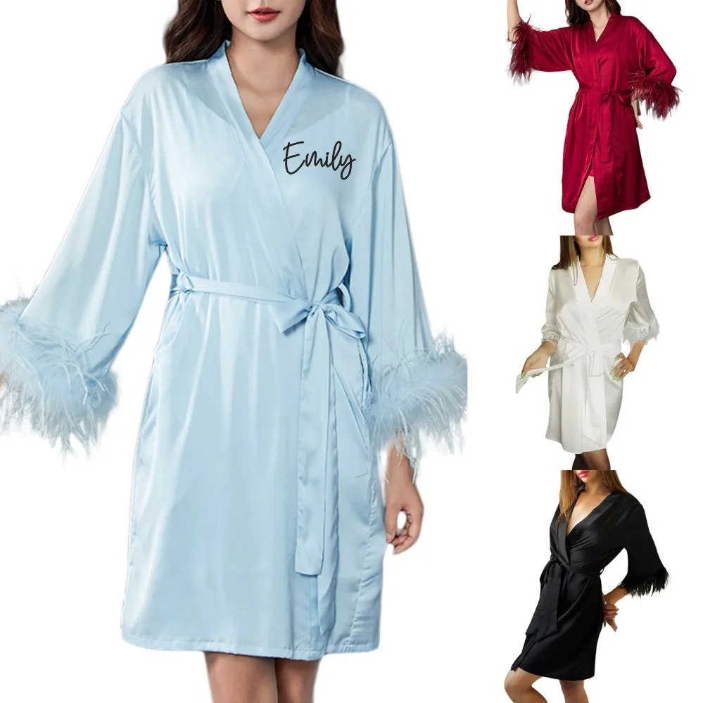 

Custom Trendy Feather Trim Robes Robe with Feather Bridal Robe Satin with Name Feather Robe Bridesmaid Robe Bridal Party Robes