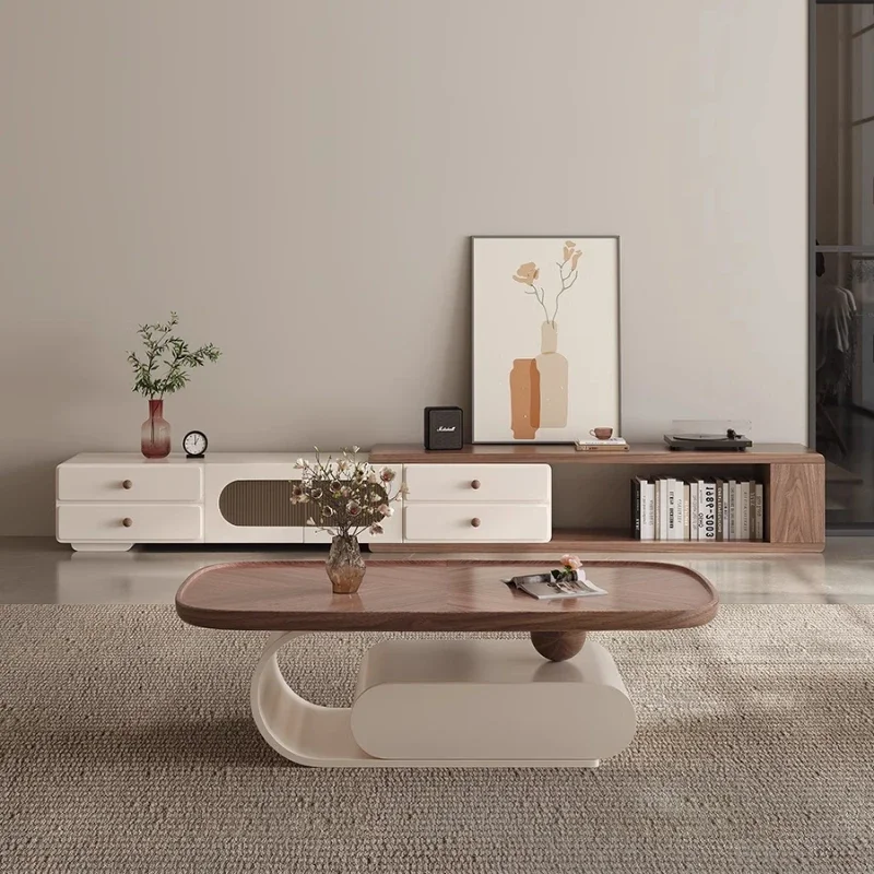 

Medieval solid wood walnut coffee table TV cabinet combination small apartment retractable retro floor cabinet
