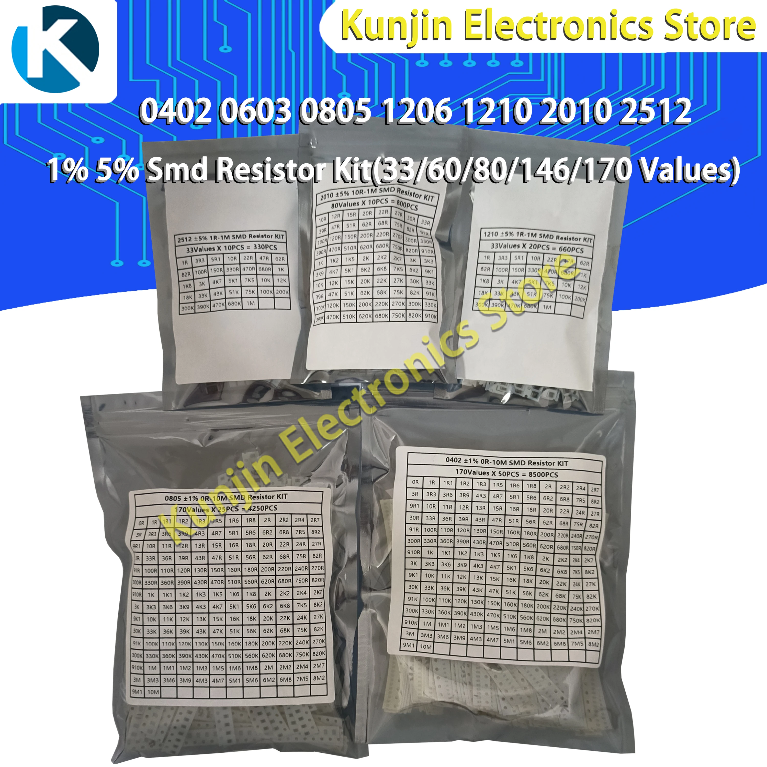 Zestaw rezystorów SMD, 0402,0603,0805,1206,1210,2512,0 ohm - 10M ohm, 1%,5%, zestaw asortymentowy