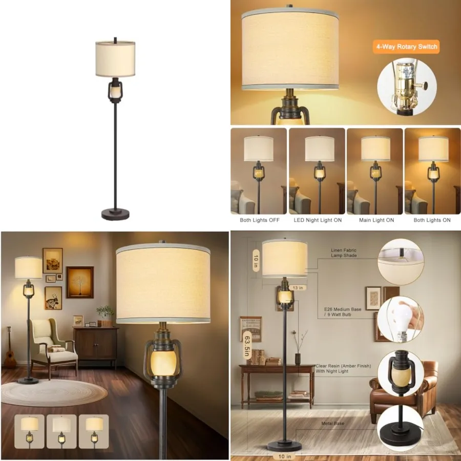 

Floor Lamp for Living Room Vintage Standing Lamp with Linen Fabric Hardback Shade Industrial Tall Lamp with Night Light Decor f