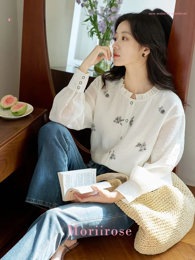 

Женская рубашка Moriirose из дерева цвета слоновой кости с вышивкой на воротнике, длинными рукавами, винтажный стиль, для повседневной носки, плотный крой, тонкий материал