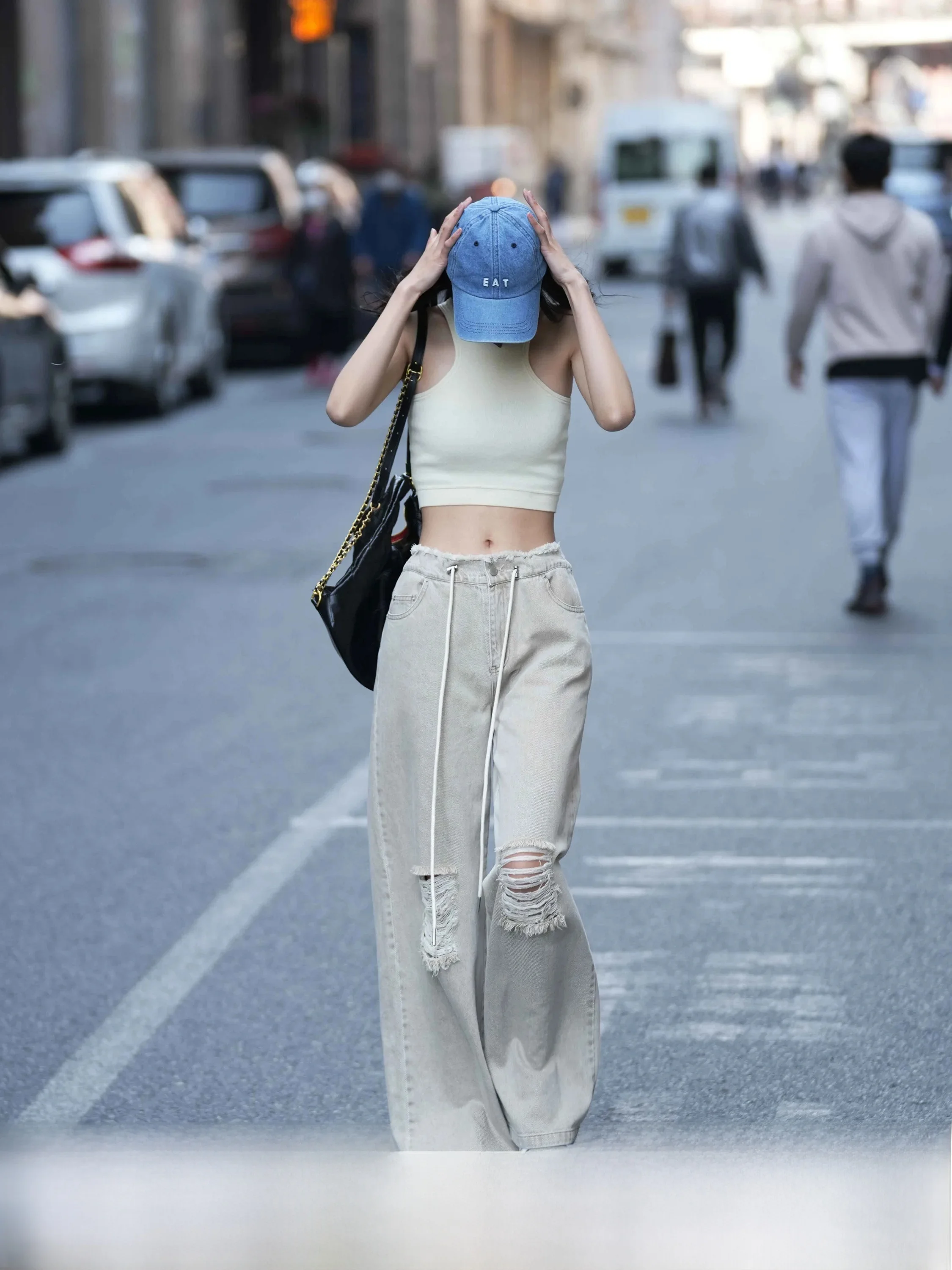 

Luna7xi High Waist Distressed Denim Jeans Women's Vintage Light Coffee Color Wide Leg Pants Spring New Style Cotton Jeans