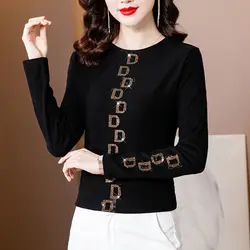 Office Lady Fashion Solid Color T-shirt All-match Letter Chic Diamonds Korean Standard Round Neck Basic Long Sleeve Pullovers