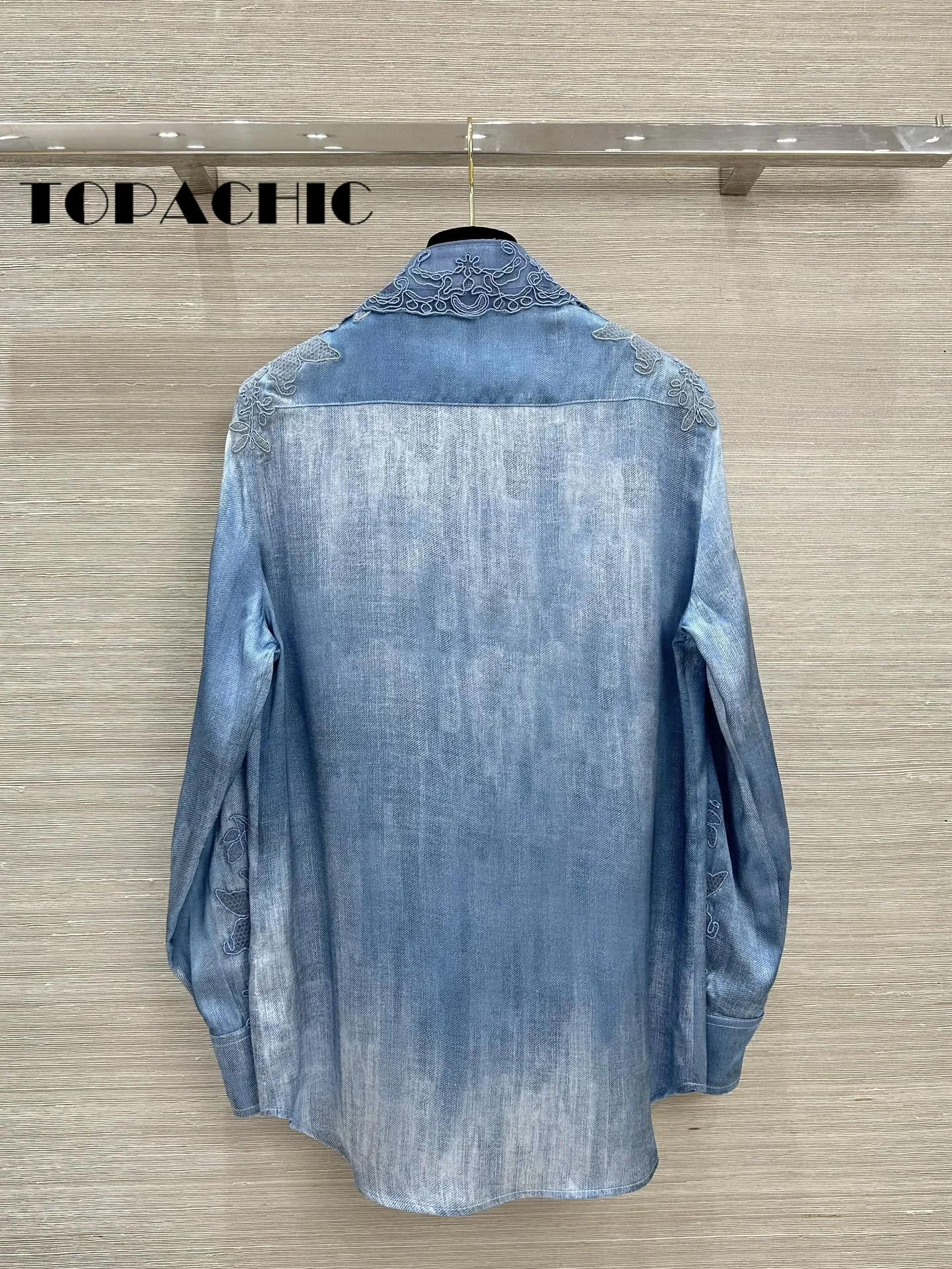 7.25 TOPACHIC-Women\'s Three-Dimensional Sheer Mesh Embroidered Silk Blouse Elegant Lapel Long Sleeve Blue Female Shirt