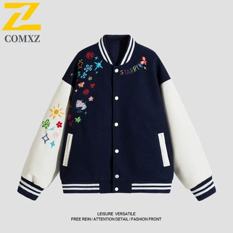 

COMXZ 2025 Spring Autumn New Streetwear Vintage American Embroidered Baseball Jacket Couple outdoor sports Flight High Quality