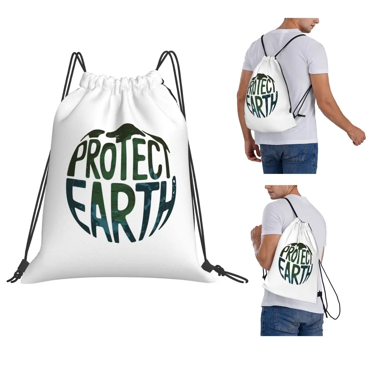 Protect Earth Backpacks Casual Drawstring Bundle Pocket Sports Bag Book Bags for Travel Students