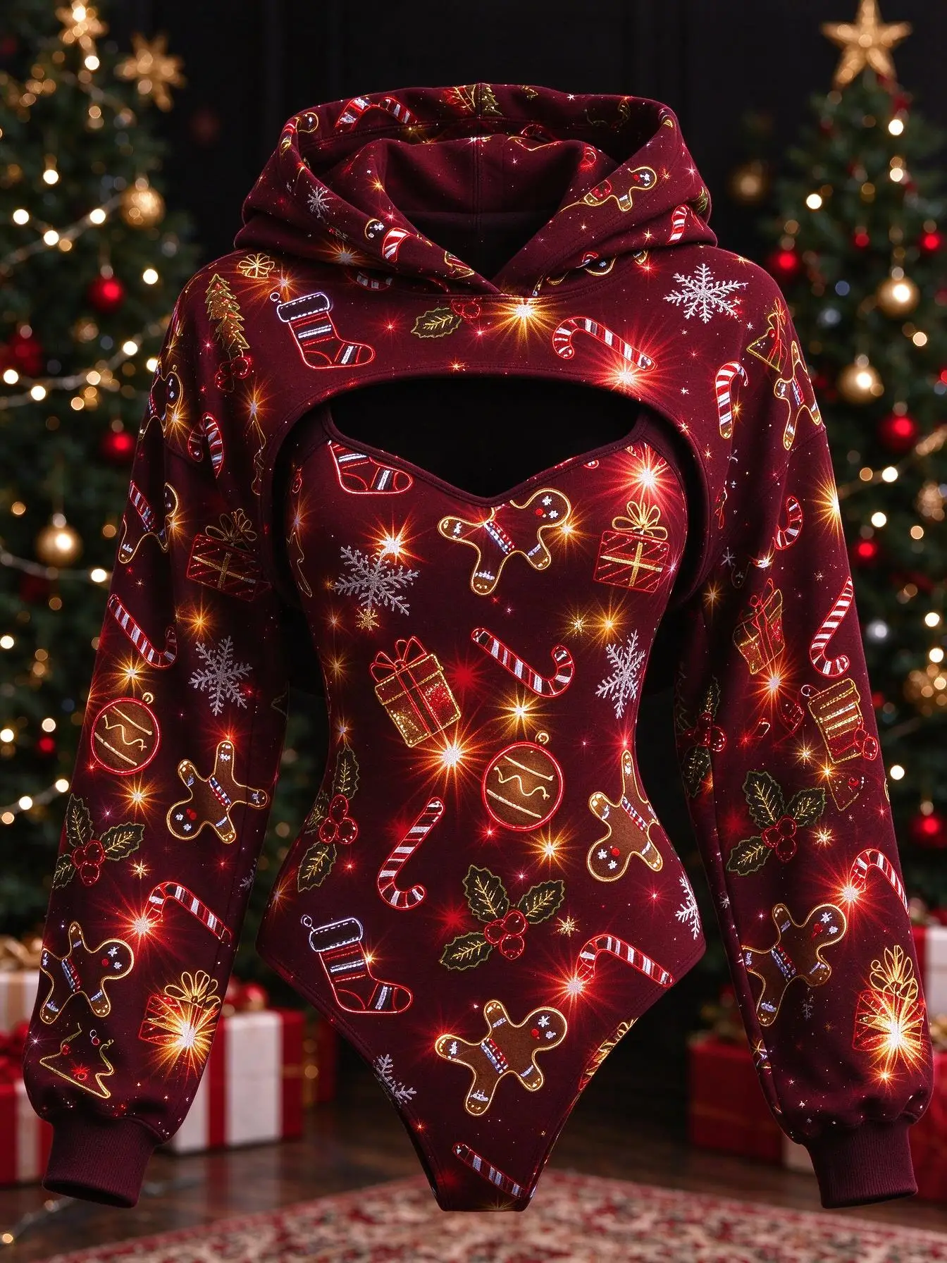 Women 2Pcs Christmas Wine Red Gingerbread Man Gift Stocking Candy Cane Snowflake Print Bodysuit + Hooded Shrug Xmas Costume