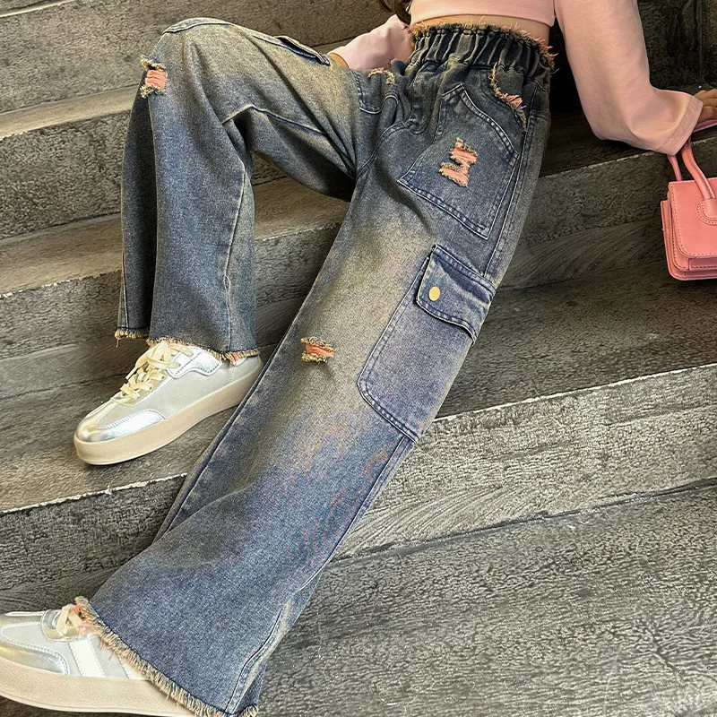 

Children Overalls 5-15 Girls Heavy Industry Retro Denim Overalls Western Style Big Pocket Design Big Children Wide Leg Pants