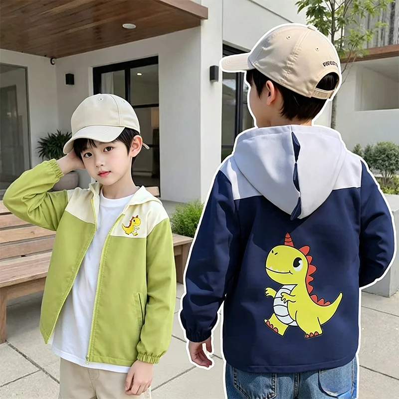 1-6 Years Kids Cartoon Dinosaur Hooded Jacket Spring Autumn Boys Girls Fashion Color Blocking Windproof Zipper Outerwear