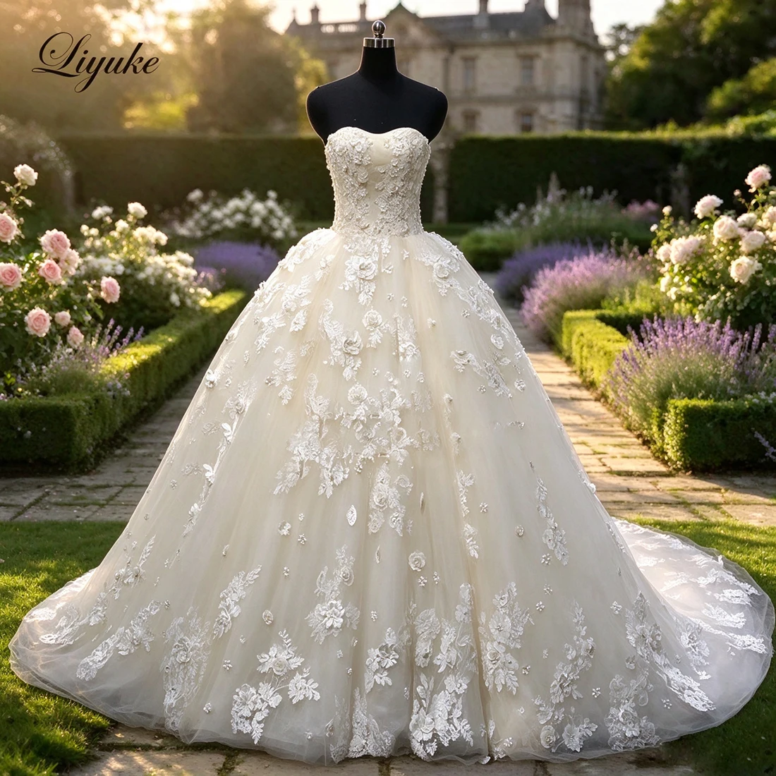 Liyuke Custom Made Strapless Ball Gown Wedding Dresses 3D Flowers Gorgeous Chapel Train Corset Back Bride Dress
