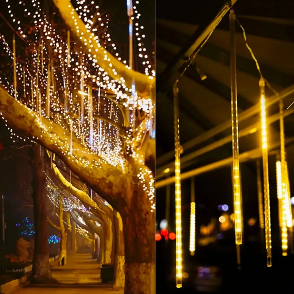 Solar Meteor Shower Lights 10 Tubes Waterproof White for Outdoor Christmas Party Festive Tree Window Balcony Stair Decor