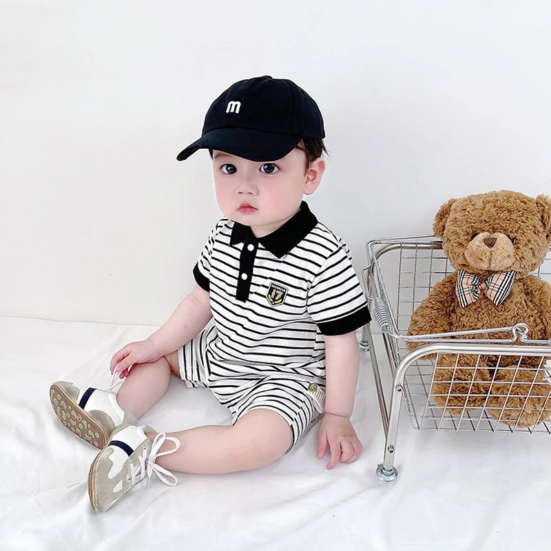 Baby short-sleeved clothes, summer clothes, newborn baby boy jumpsuit, full moon and 100 days, 0 to 6 months old, summer lapel s