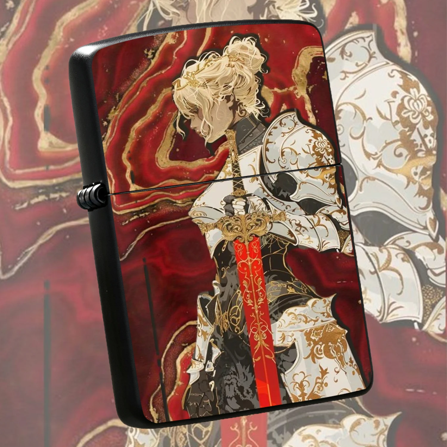 Exquisite With Gilded Female Knight Pattern, Artistic Red Gold Style Portable Igniter, Unique Decorative Pocket For Knight Enthusiasts, Ideal Gift For Daily Use And Desktop Display A Fun And Humorous Lighter