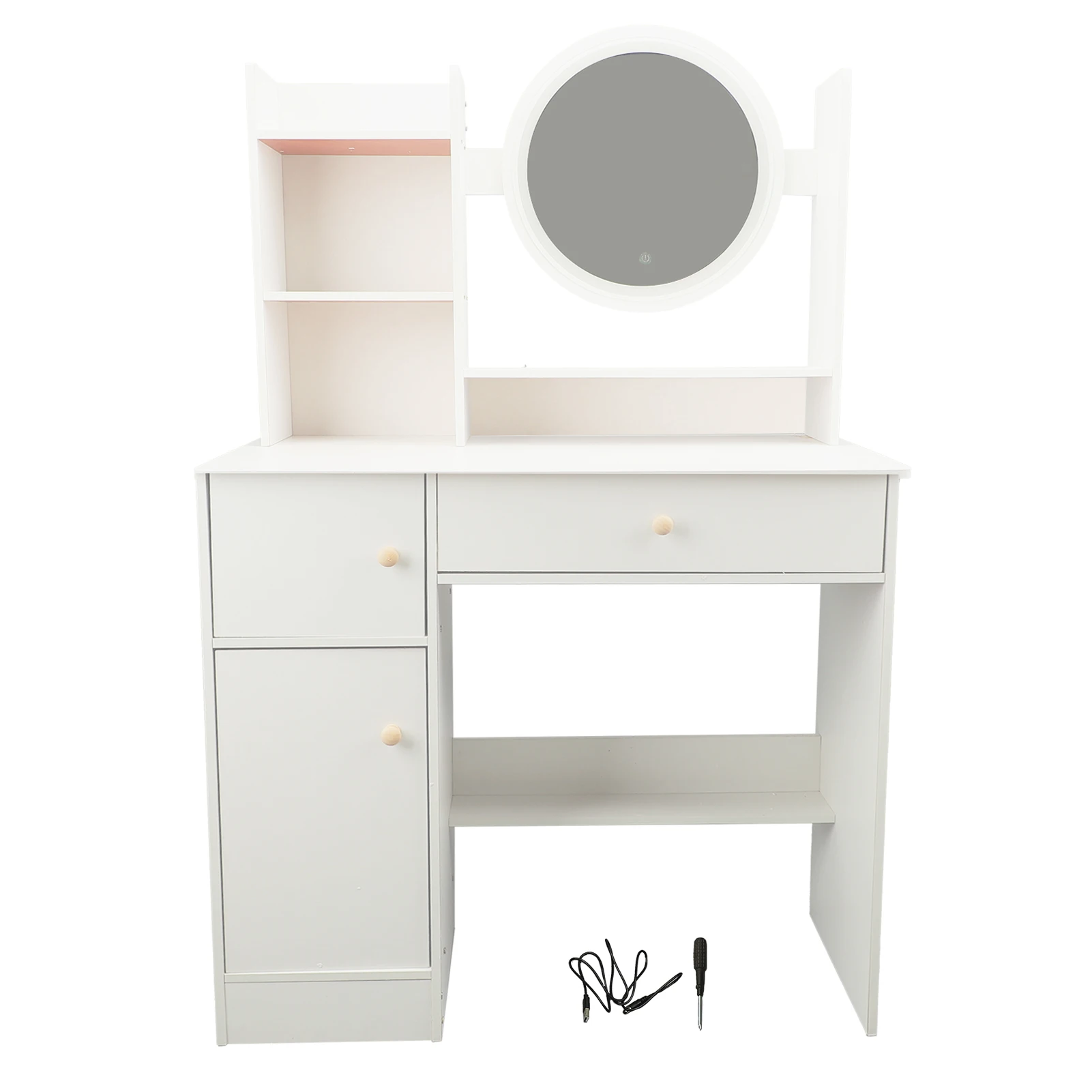 White Vanity Desk Stylish Multifunction 2 Drawers Makeup Table Multiple Shelves Practical with Mirror and Lights for Living Room