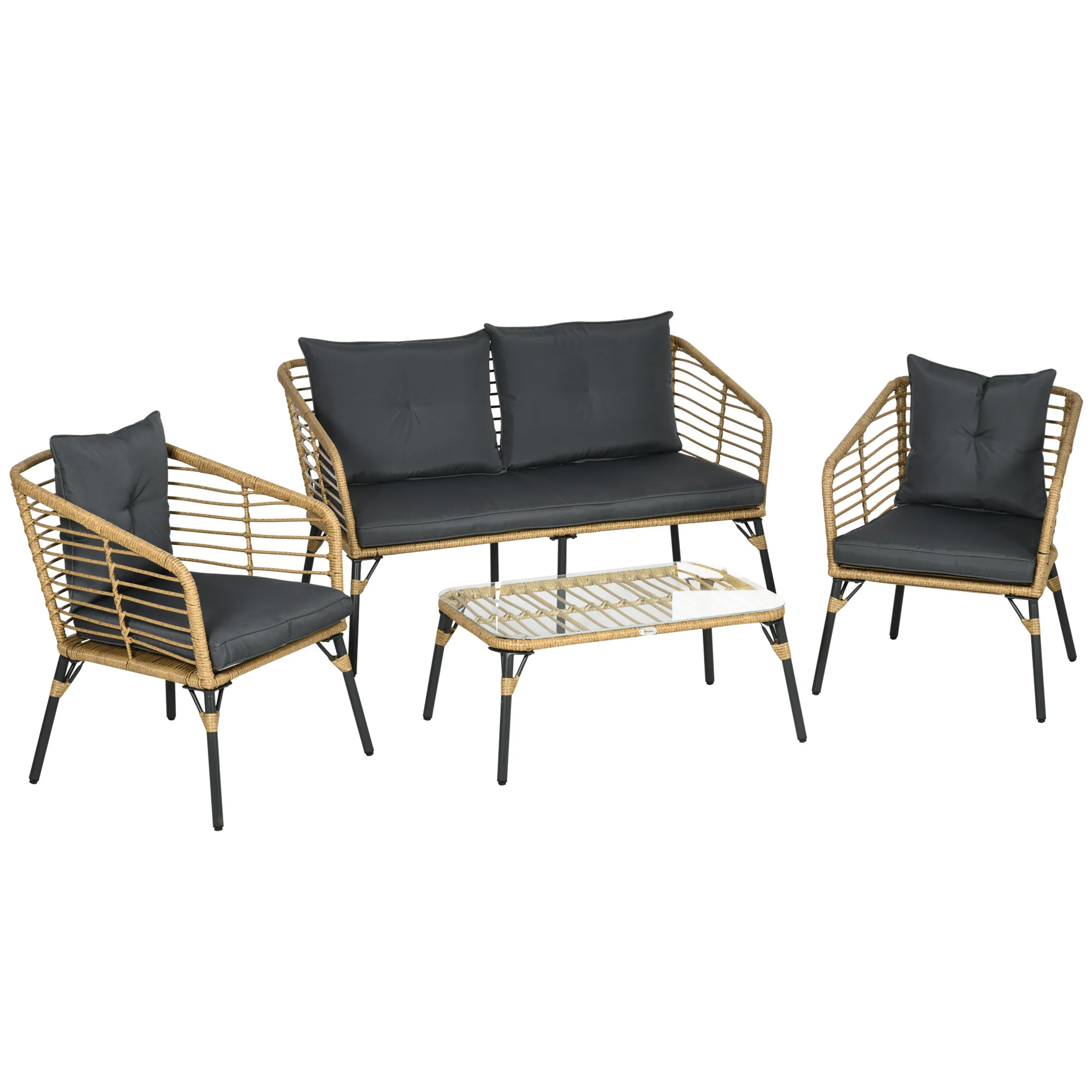 Outsunny rattan furniture set for 4 people garden furniture 4 pieces with 2-Time sofa 2 armchairs coffee table and 4 decking cushions