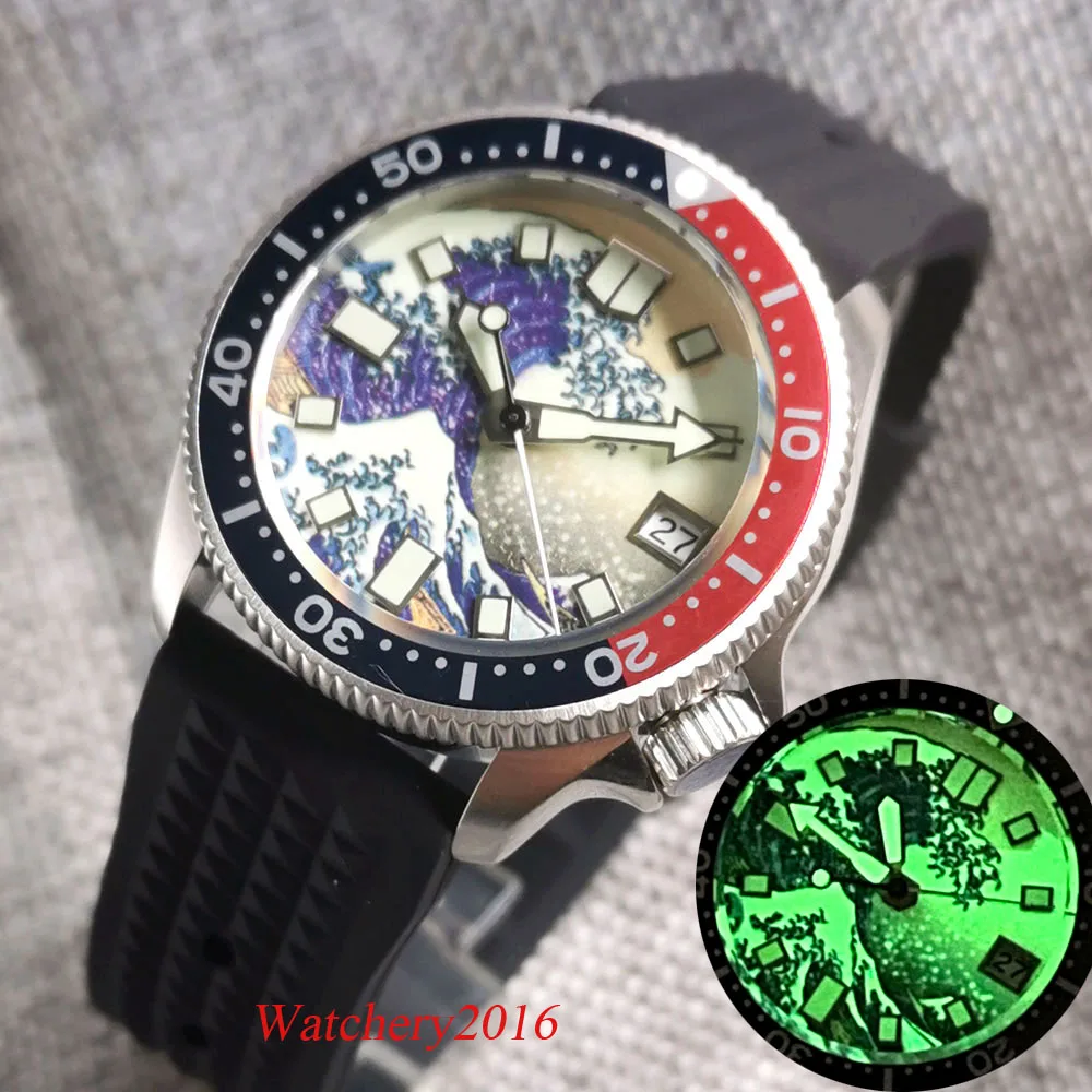 New Tandorio 37mm Sapphire Glass 24 Jewels NH35A Automatic Mens Watch Kanagawa Surfing Waves Dial Luminous Rubber Strap