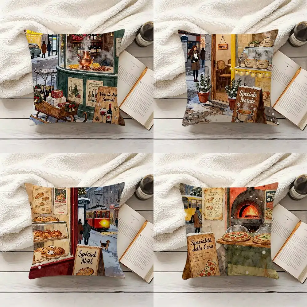 Snowy Christmas Town Pillow Cover Sofa Cushion Cover Home Room Decoration Children Gift